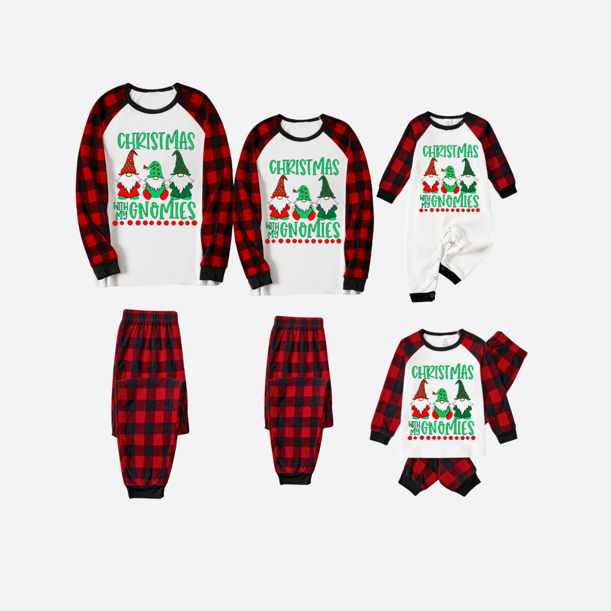 Red and Black Plaid Christmas Pajamas Set With "Christmas With My Gnomies" Text Print