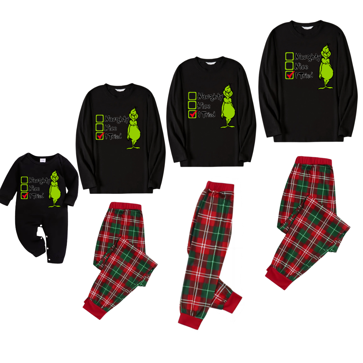 Naughty Nice I Tried Text and Green Cartoon Pattern Black Red and Green Plaid Family Matching Pajamas