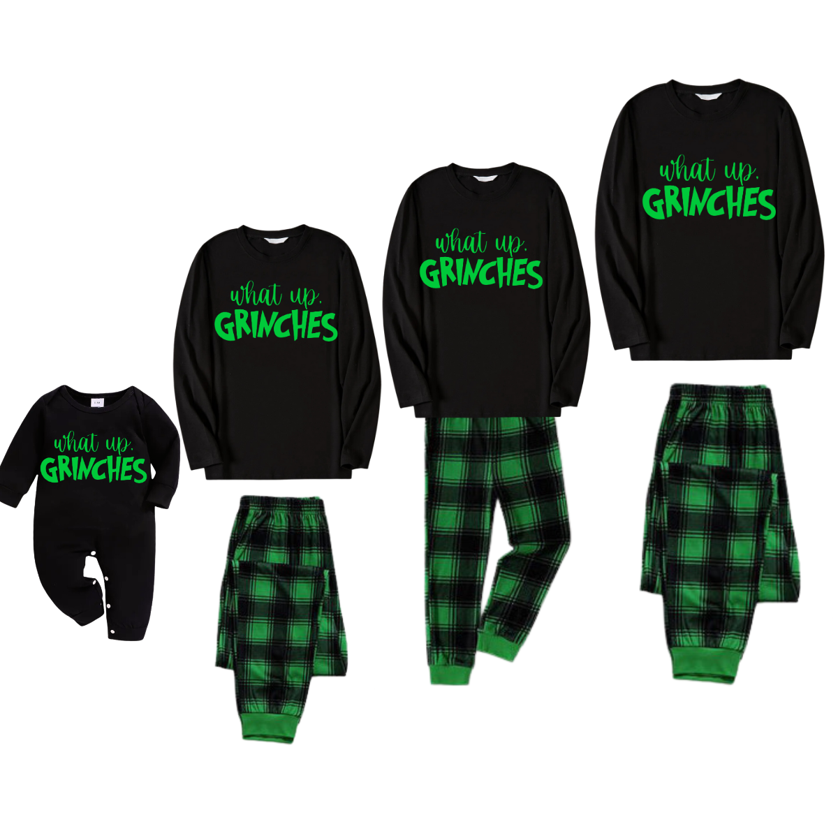 Christmas Text Print Black Long Sleeve Top with Green and Black Plaid Family Matching Pajamas