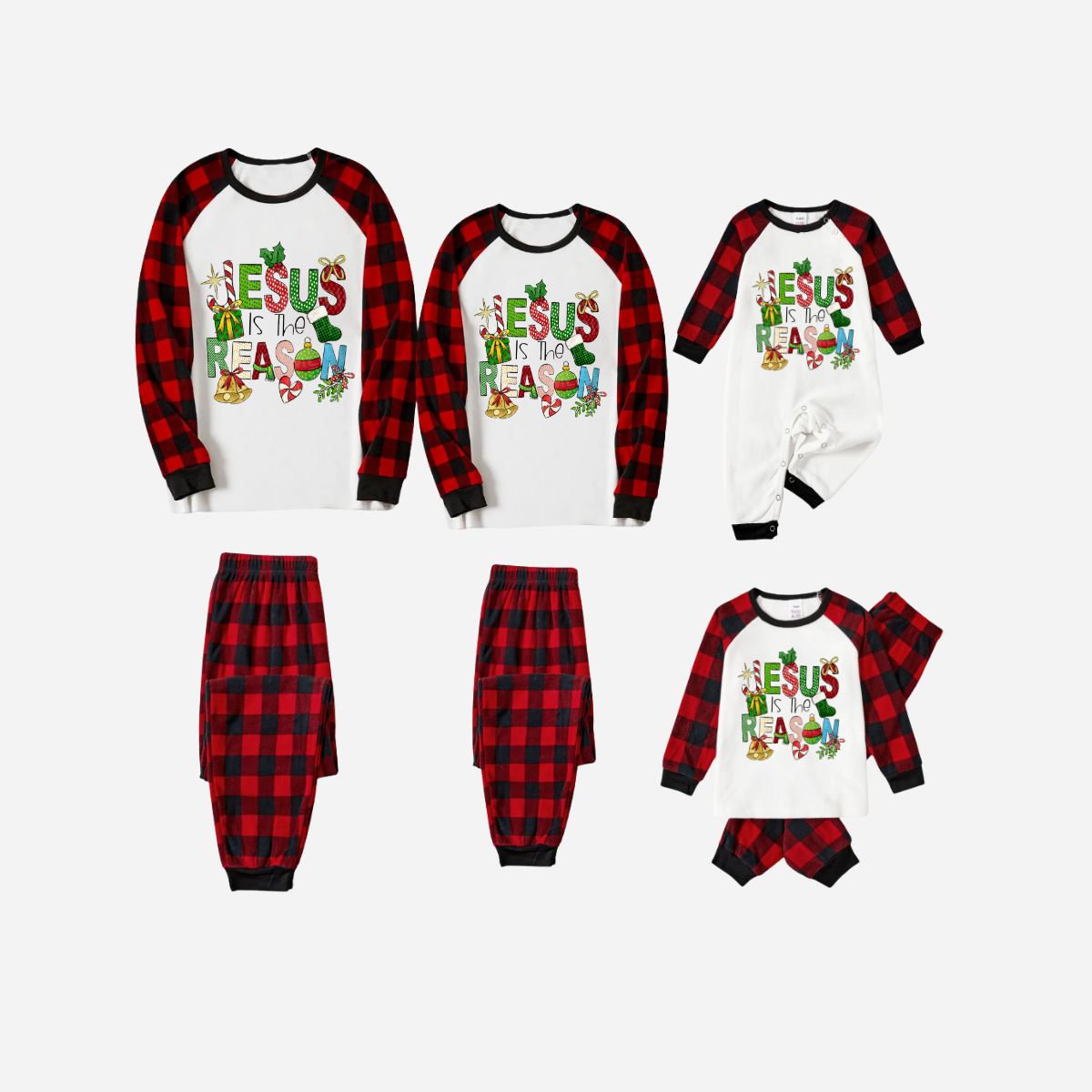 Christmas Cartoon Family Christmas Pajamas Set - White Top with Red Plaid Sleeves and Red Plaid Pants and “Jesus is the Reason” Design