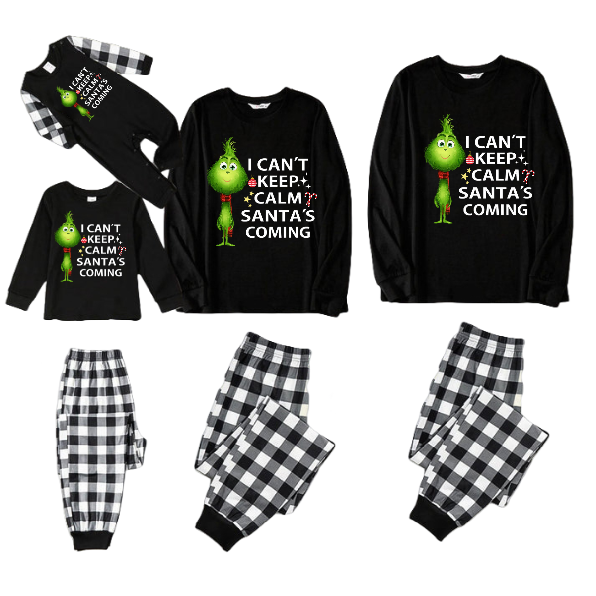 "I Can't Keep Calm, Santa's Coming" Slogan Printed Black and White Plaid Family Matching Pajamas