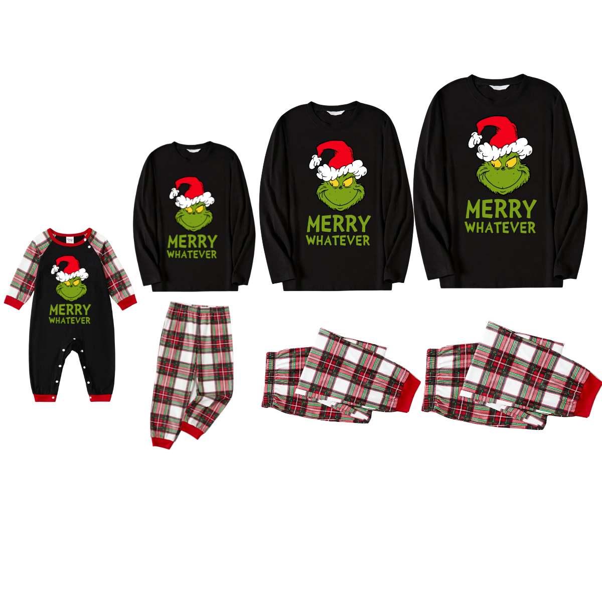 Christmas Cartoon Pattern and Text Print Black Long Sleeve Top with Red & White & Green Plaid Family Matching Pajamas