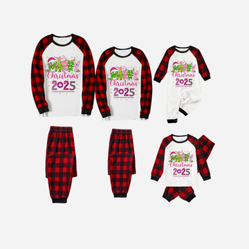 Merry Christmas 2025 Family Christmas Pajamas Set - White Top with Red Plaid Pants