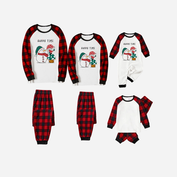 Red and Black Plaid Christmas Pajamas Set With Snowman and Gnome and "Happy Time" Text Print