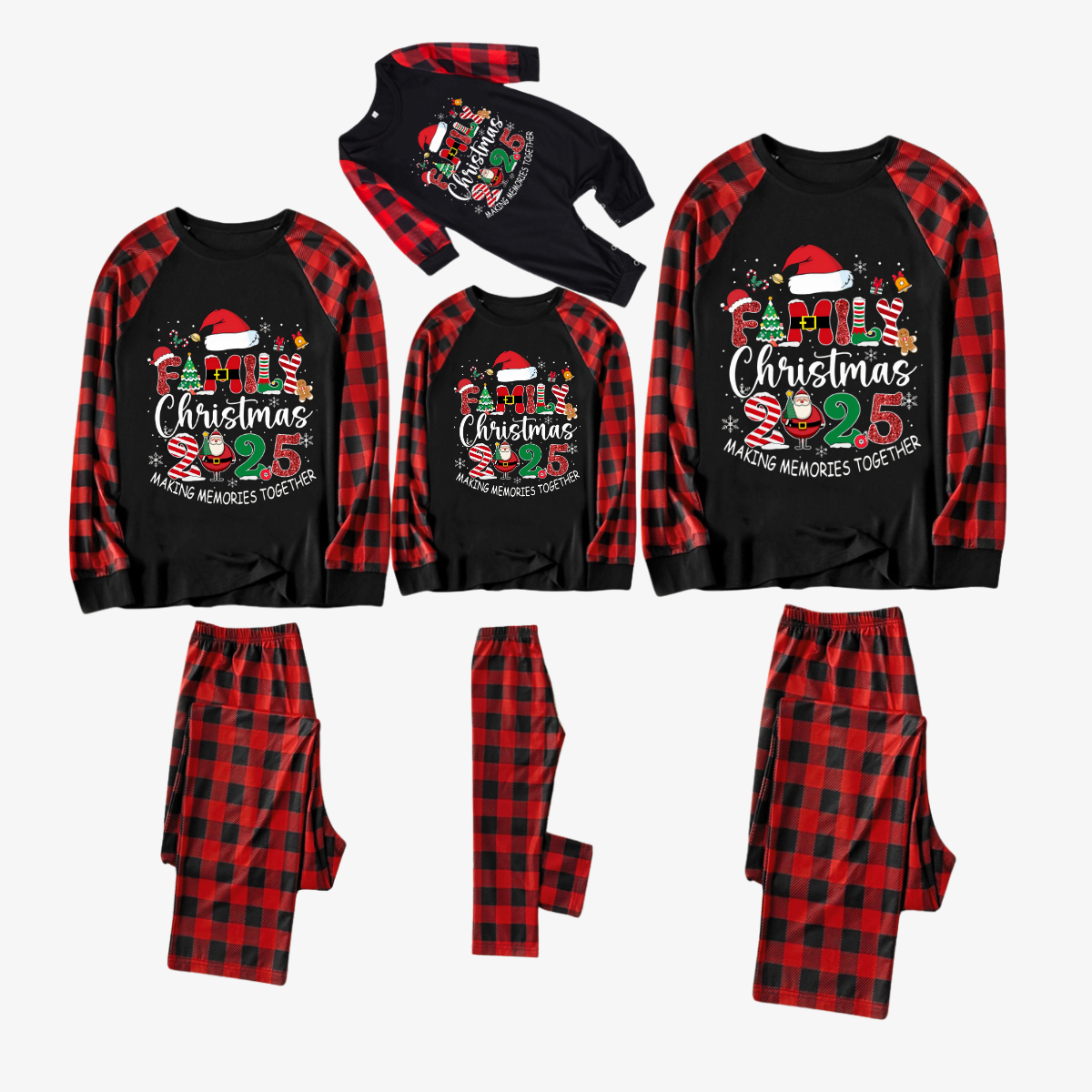 Red and Black Plaid Christmas Pajamas Set With "Family Christmas 2025 Making Memories Together" Text Print