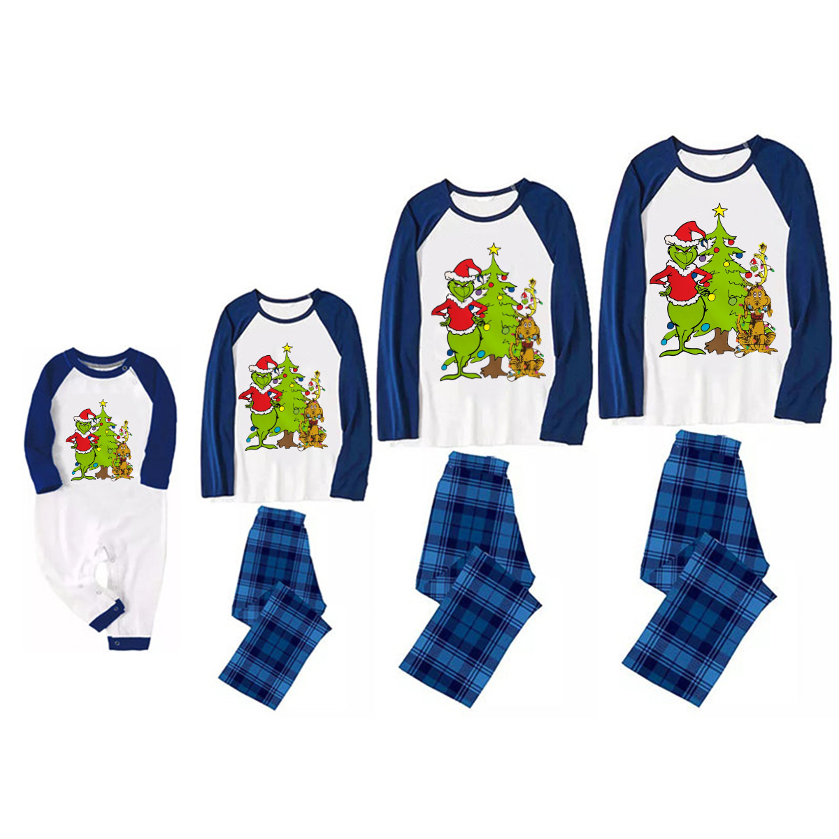 Cartoon Pattern and Christmad Tree Printed Navy Blue and Black Plaid Christmas Family Pajamas