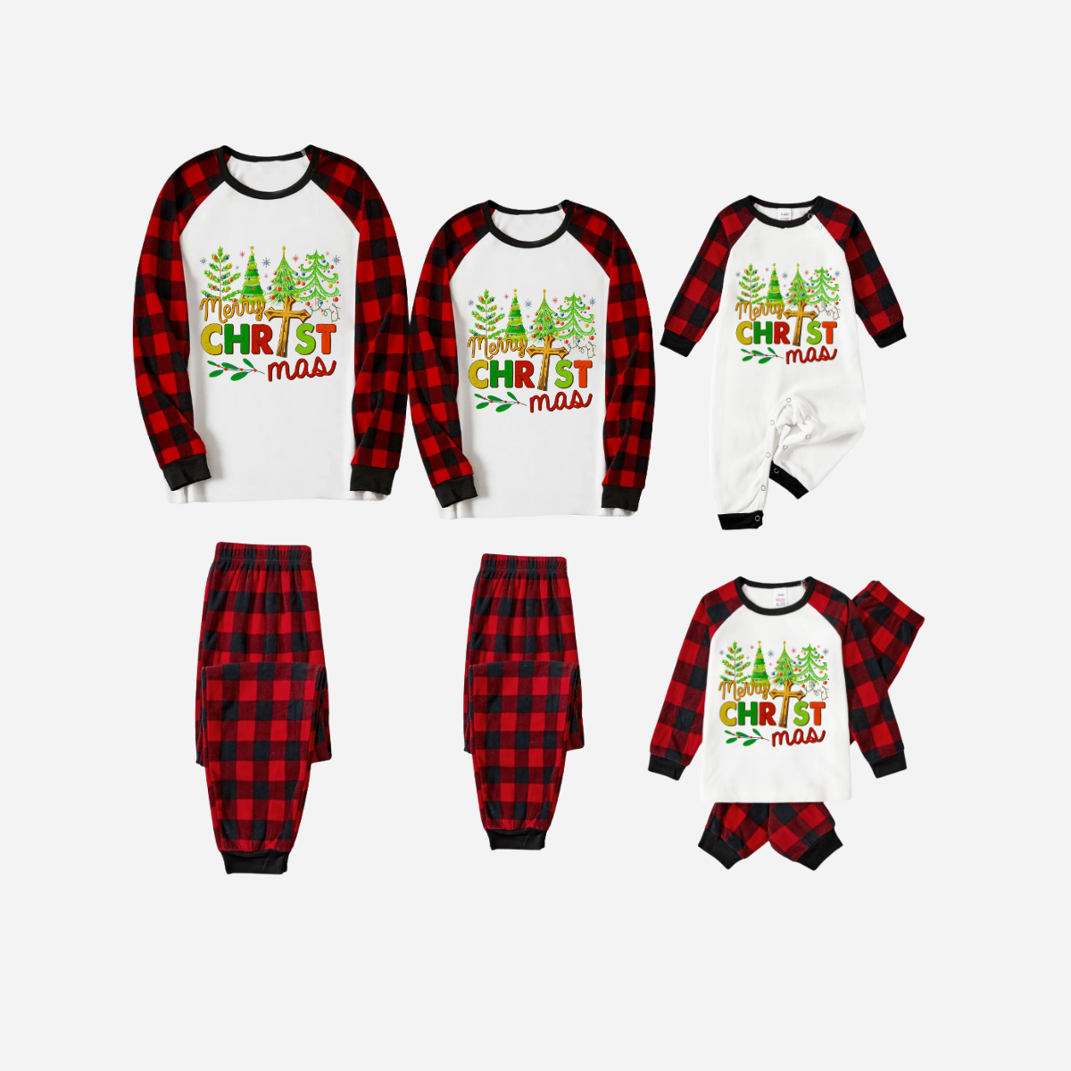 Merry Christmas Trees Family Christmas Pajamas Set - White Top with Red Plaid Sleeves and Red Plaid Pants