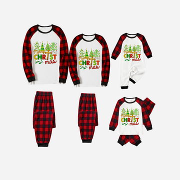 Merry Christmas Trees Family Christmas Pajamas Set - White Top with Red Plaid Sleeves and Red Plaid Pants