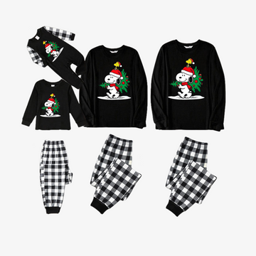 Snoopy Dog Printed Black and White Plaid Christmas Family Pajama Set