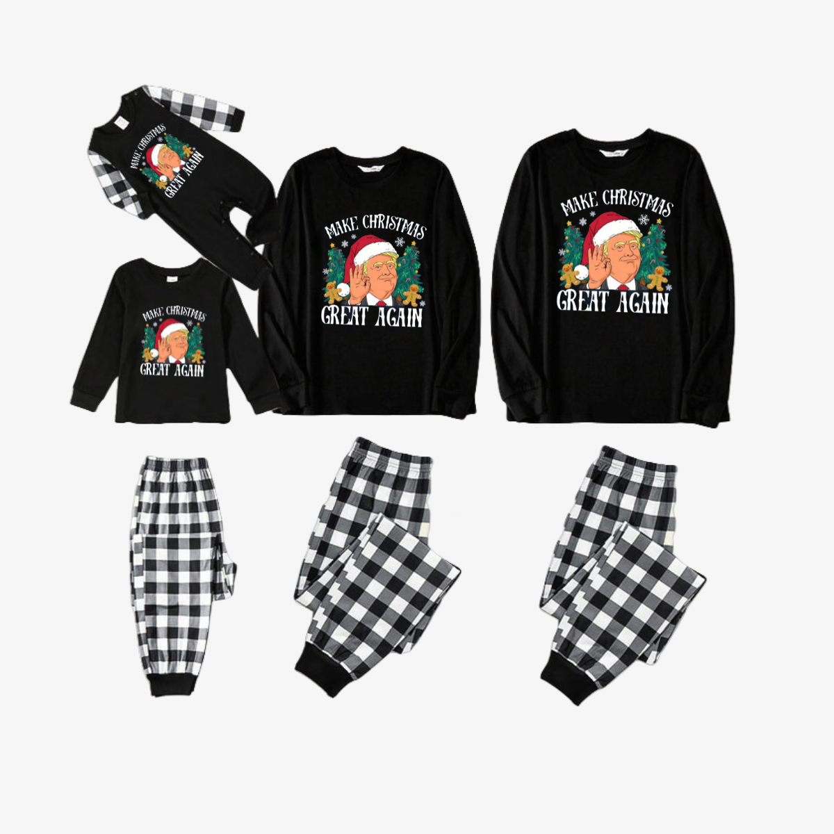 "MERRY CHRISTMAS GREAT AGAIN" Letter Printed Black and White Plaid Family Pajamas Sets