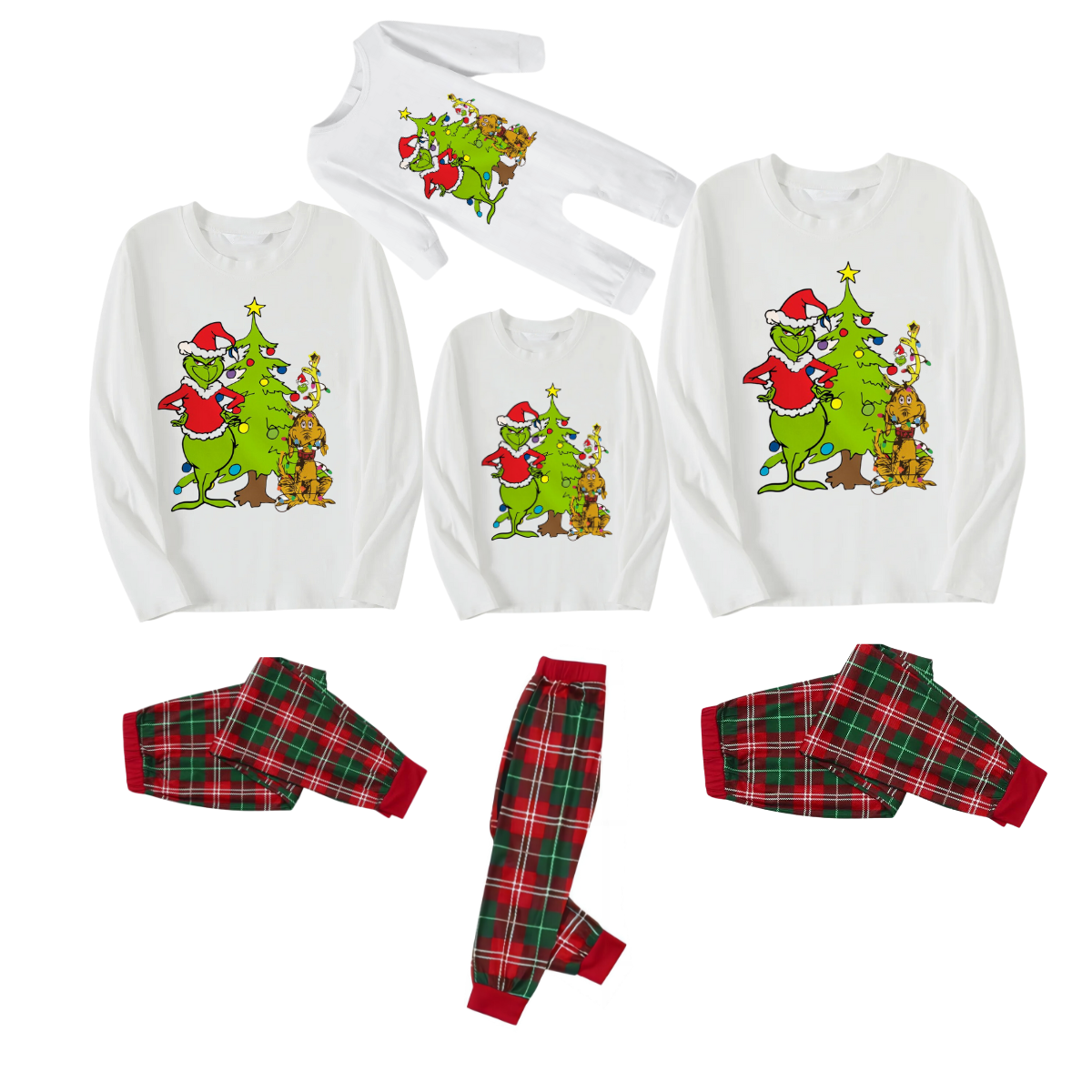 Christmas Cartoon Pattern and Tree Printed Red & Green Plaid Family Matching Pajamas