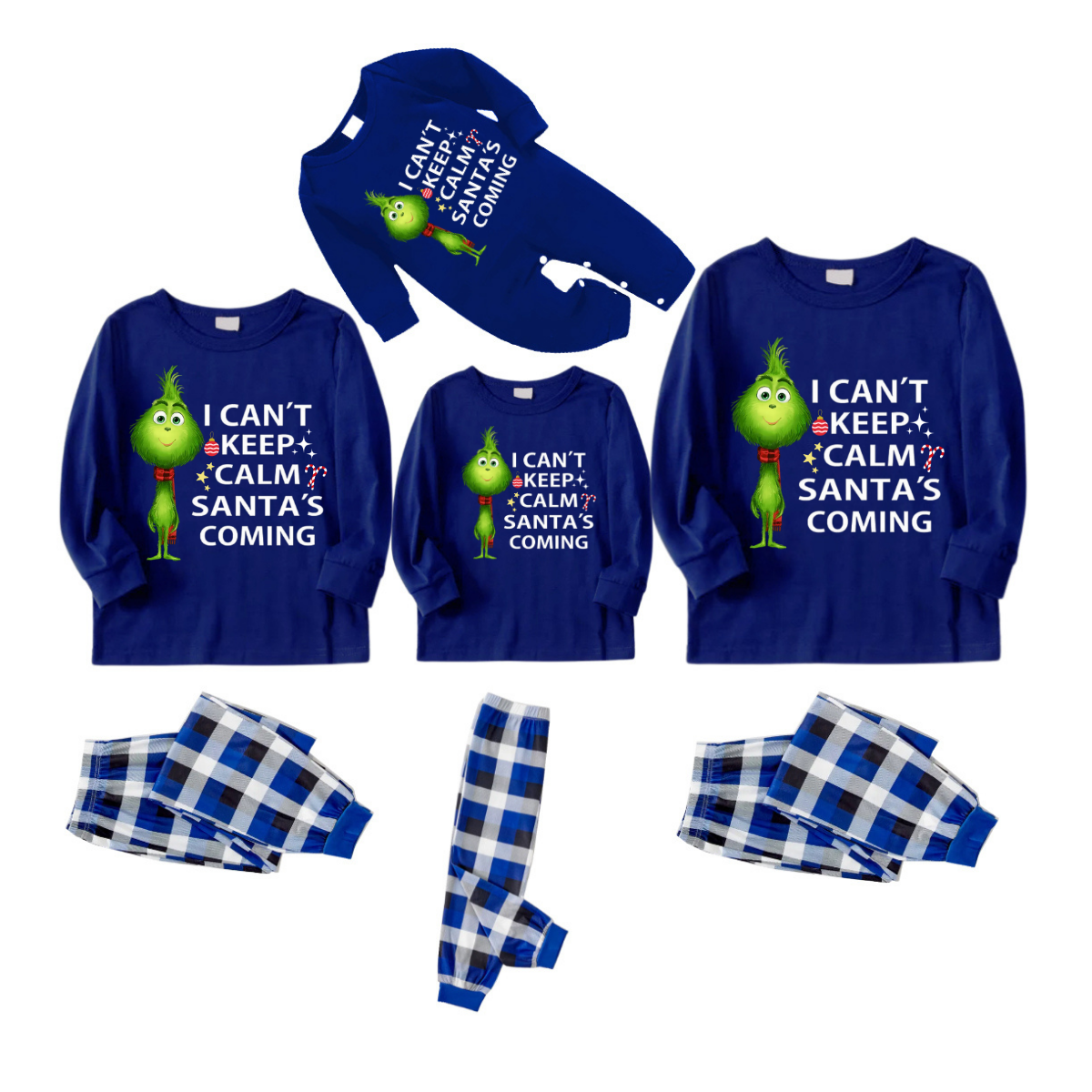 Cartoon Pattern and Christmas Slogan Printed Blue and White Plaid Family Matching Pajamas