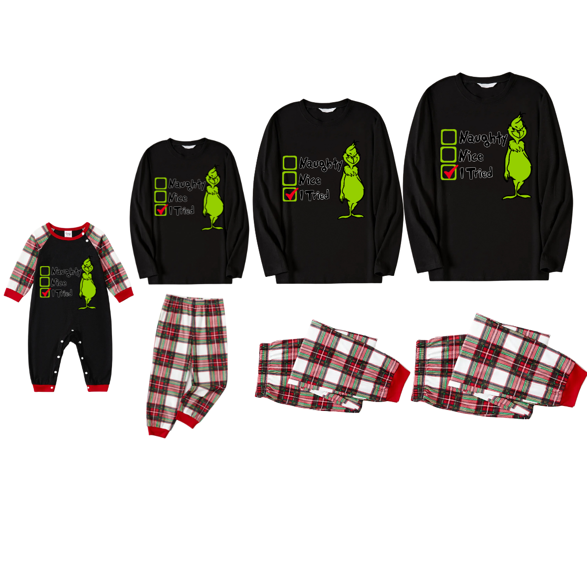 Christmas Cartoon and Text Print Black Long Sleeve Top with Red & White & Green Plaid Family Matching Pajamas