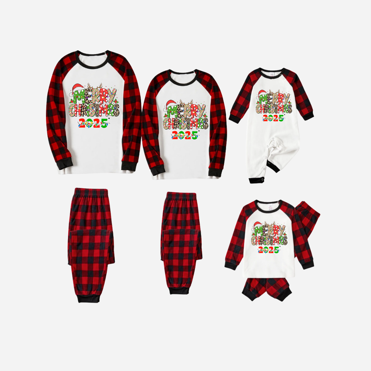 Merry Christmas 2025 Family Christmas Pajamas Set - White Top with Red Plaid Sleeves and Red Plaid Pants