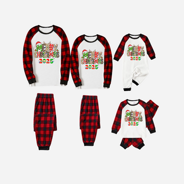 Merry Christmas 2025 Family Christmas Pajamas Set - White Top with Red Plaid Sleeves and Red Plaid Pants