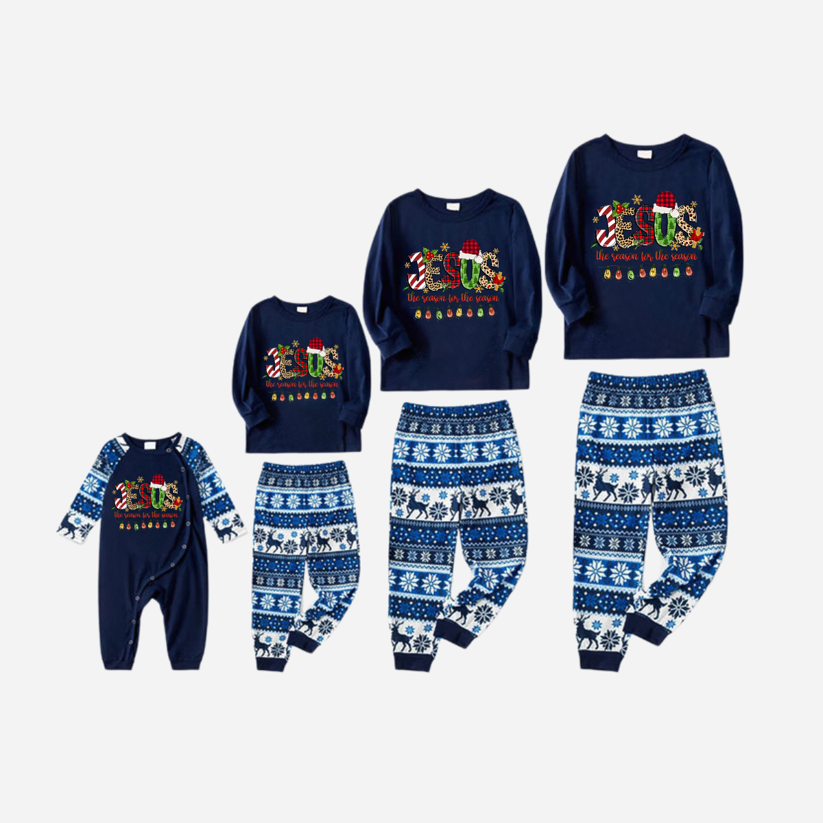 Jesus the Reason for the Season Family Christmas Pajamas Set - Navy Top with Blue and White Snowflake Printed Pants