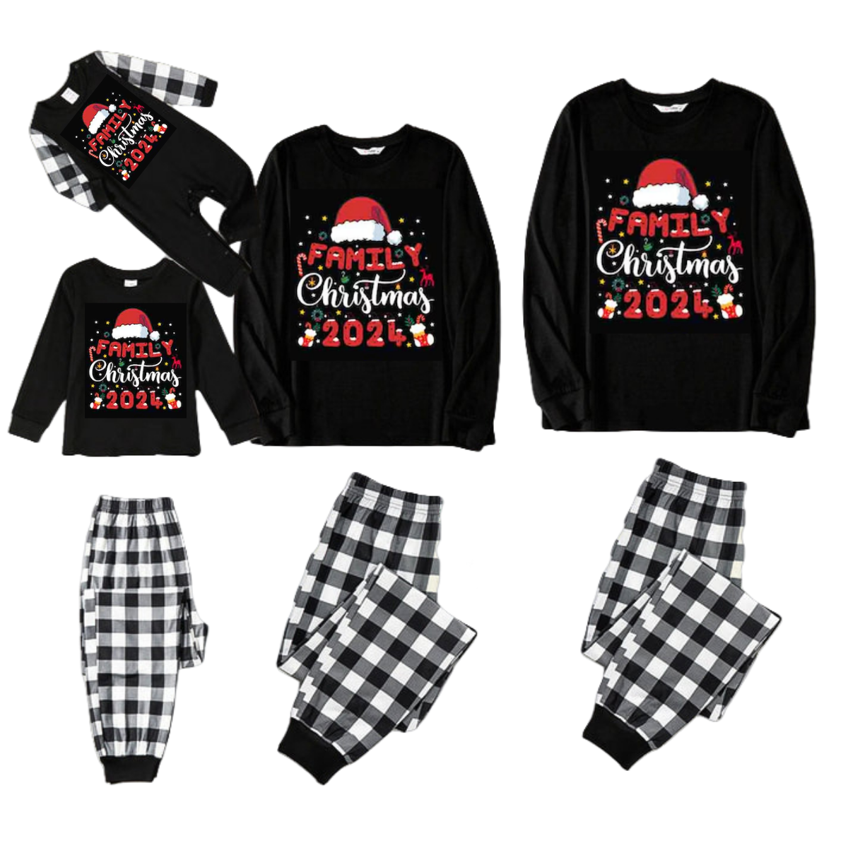 "2024 Family Christmas" Text and Christmas Pattern Black and White Plaid Family Matching Pajamas