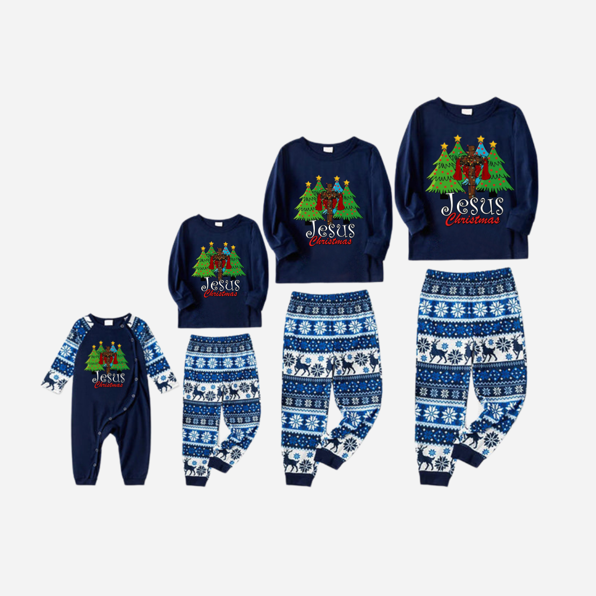 Jesus Christmas Family Matching Pajamas Set - Navy Blue Top with Blue and White Snowflake Print Pants