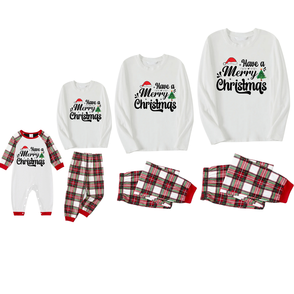 "Have a Merry Christmas" Letter Print White Top with Red & Black Plaid Pants Family Pajamas