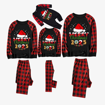 Red and Black Plaid Christmas Pajamas Set With Santa Hat and "Merry Christmas 2025" Text Print