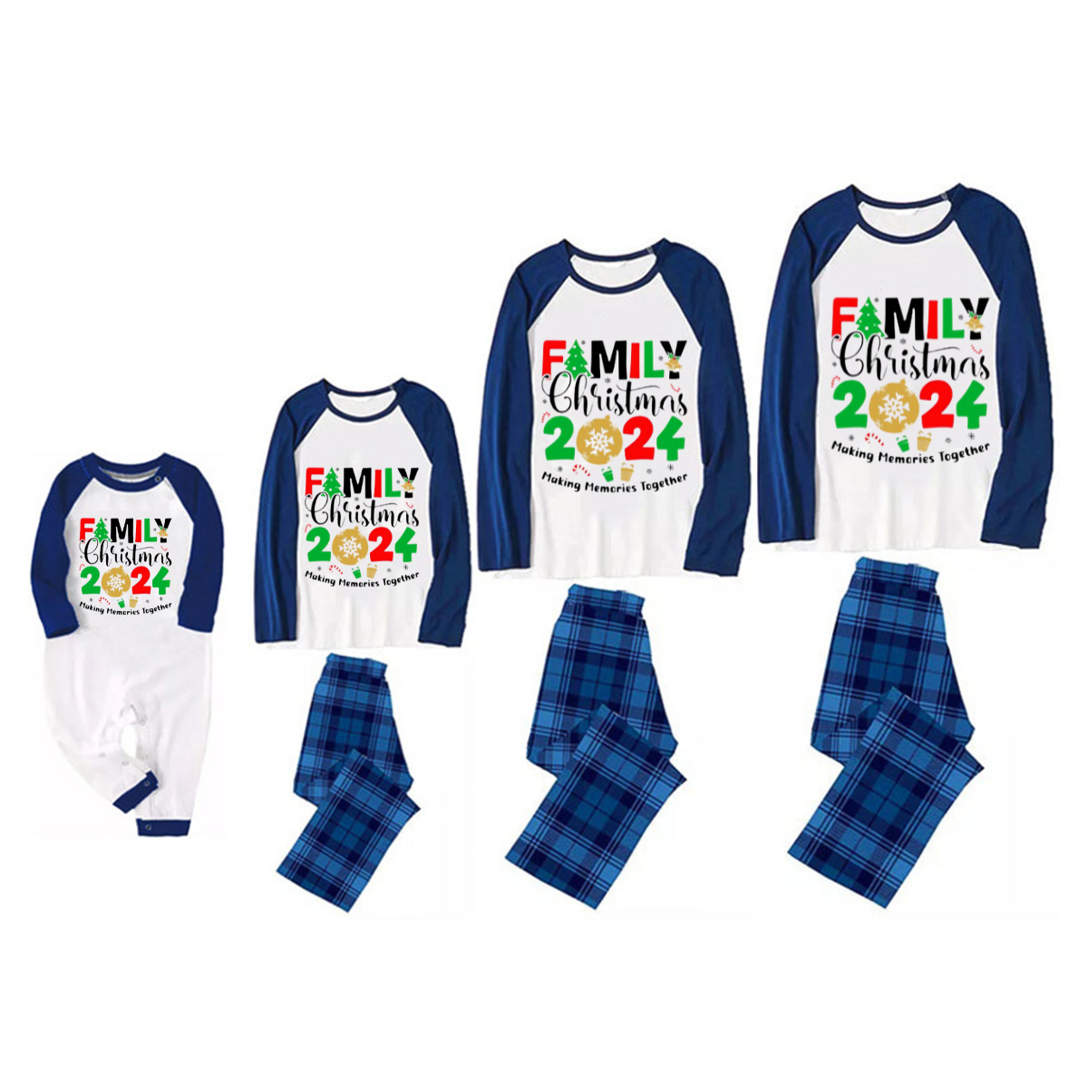 "Family Christmas 2024 Making Memories Together" Text Print Blue & Black Plaid Family Matching Pajamas