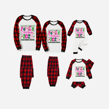 "Family Christmas 2025" Faux Glitter Black and Red Raglan Sleeves Christmas Pajamas Set