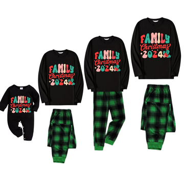 Christmas ‘ Family Christmas 2024’ Letter Print Black Long Sleeve Top with Green and Black Plaid Family Matching Pajamas