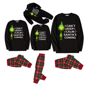 Cartoon Pattern and Christmas Slogan Printed Red and Green Plaid Family Matching Pajamas