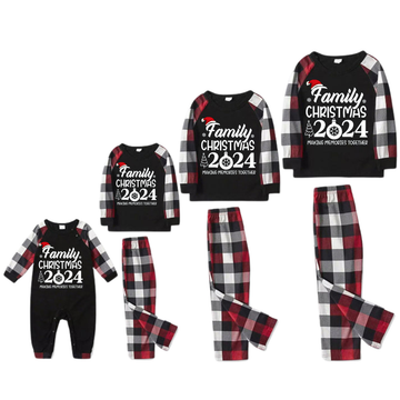 "FAMILY 2024CHRISTMAS  MAKING MEMORIES TOGETHER " Text And Santa Hat Printed Pattern- Black Top with Red&Black&White Plaid Sleeves - Family Matching Pajamas