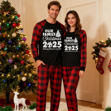Christmas Tree & "2025 Making Memories Together" Patterned Contrast top and Black & Red Plaid Pants Couple Matching Pajamas Set