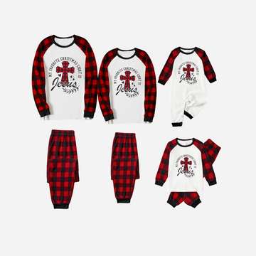 My Favorite Christmas Light Is Jesus Family Christmas Pajamas Set - White Top with Red Plaid Sleeves and Red Plaid Pants