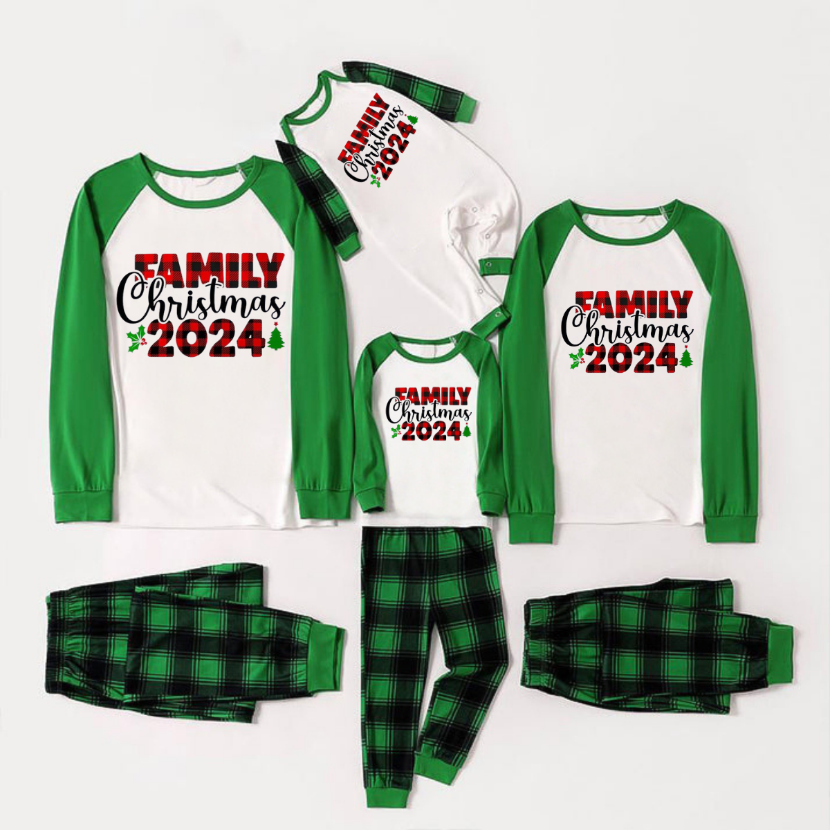 Family Christmas 2024 Text Print Long Sleeve Top With Green & Black Plaid Christmas Matching Pajamas