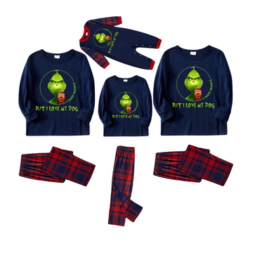 'I Hate People But I love My Dog' Text With Green Cartoon Characters and Dog Pattern Blue Top Red&Blue Plaid Pants Family Matching Pajamas