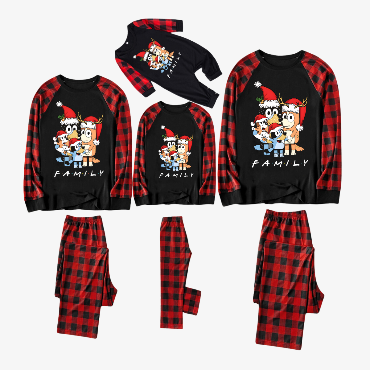 Bluey-Themed Festive Animal Pattern Red&Black Plaid Family Pajama Sets