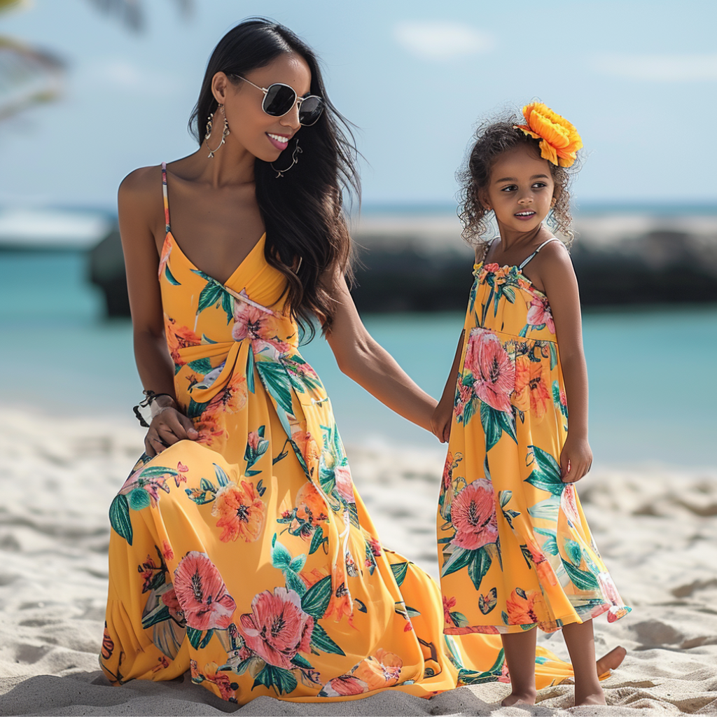 Twinning in Style Mom and Daughter Beach Flower Print Maxi Dresses