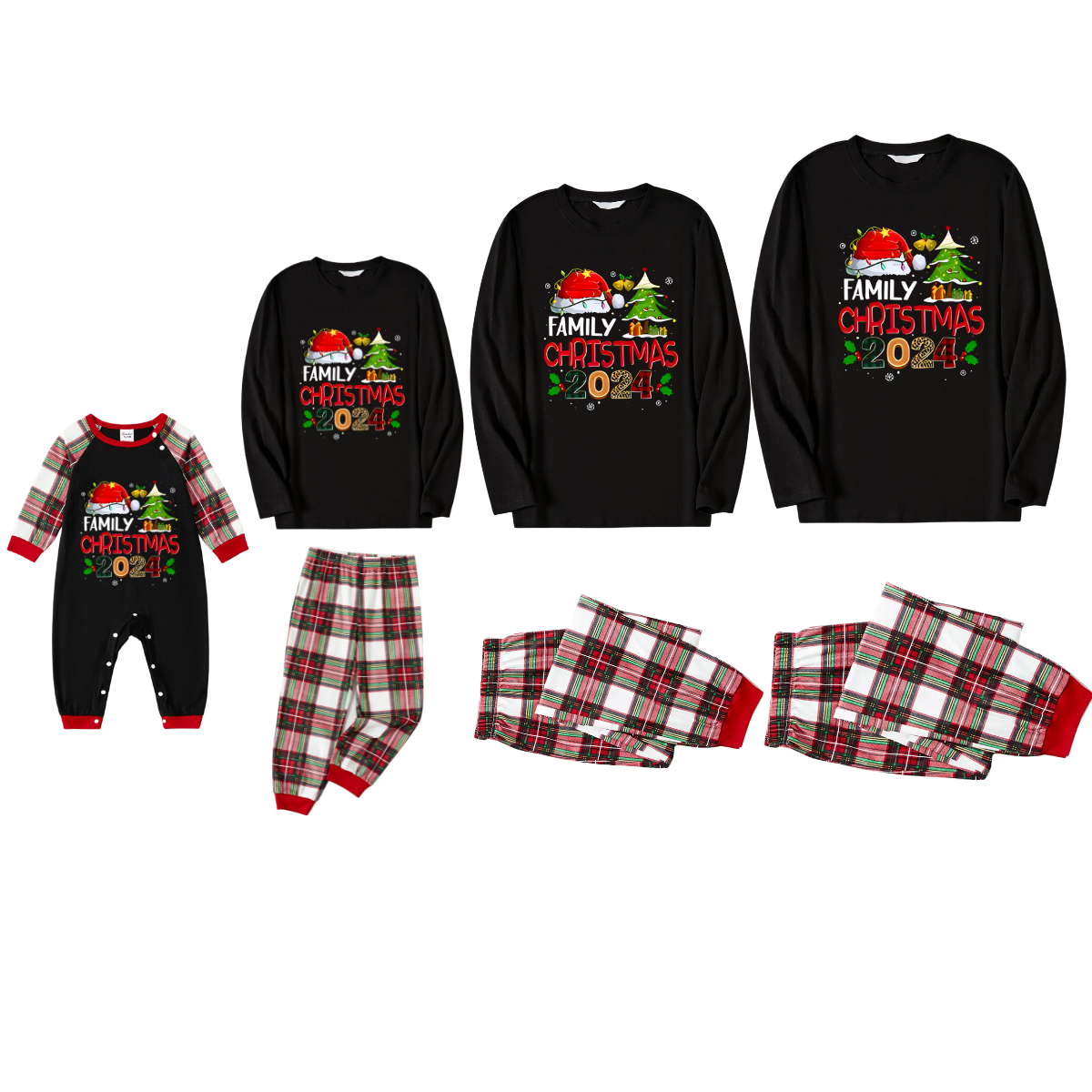 "Family Christmas 2024" with Santa Hat and Christmas Tree Pattern Black Top with Red & White & Green Plaid Pants Family Matching Pajamas