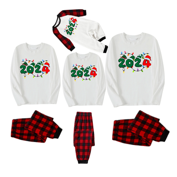 "2024" Text and Christmas Light Printed Red & Black Plaid Family Matching Pajamas