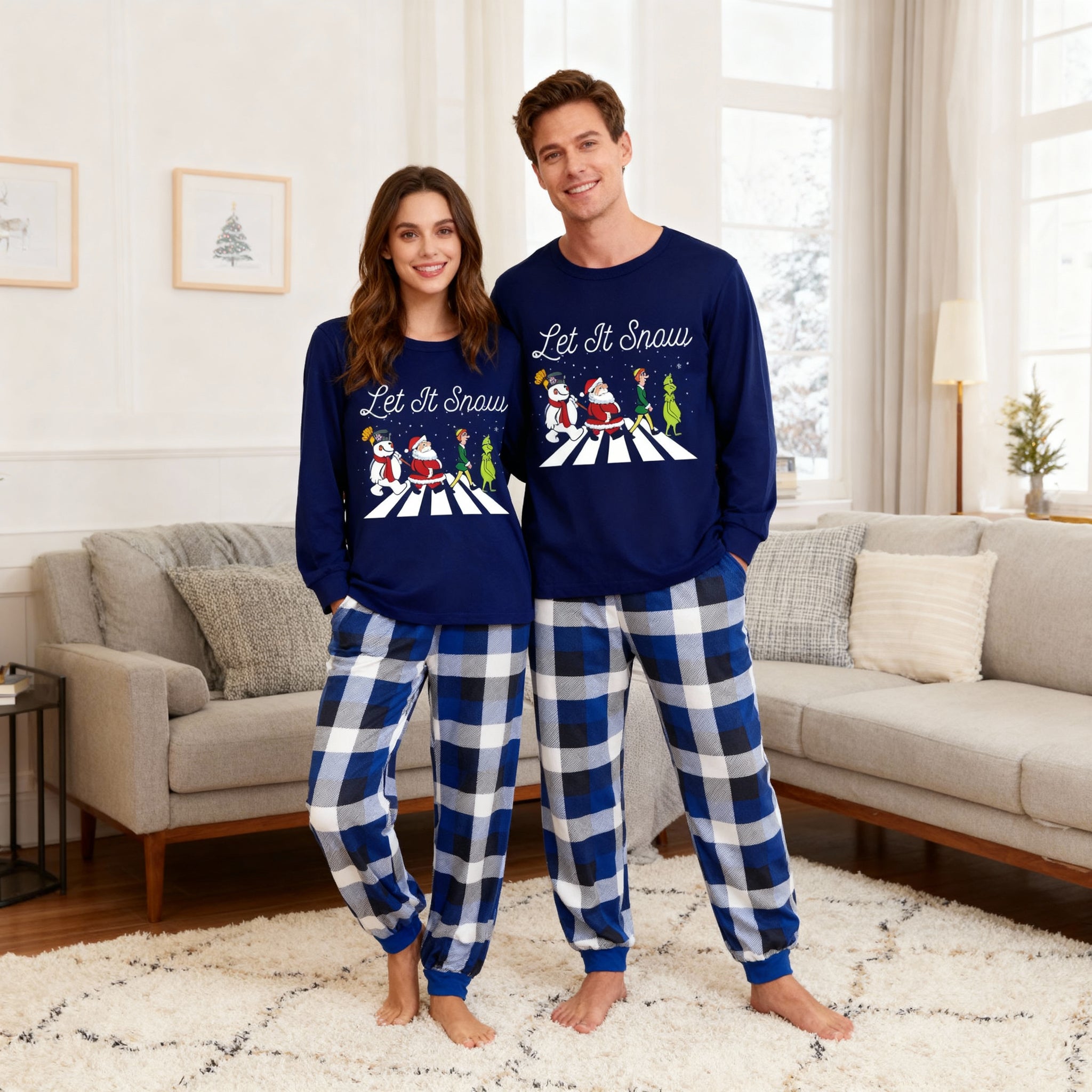 Couple Navy & White Plaid Pajamas Set with Santa Claus and Cartoon Pattern Print