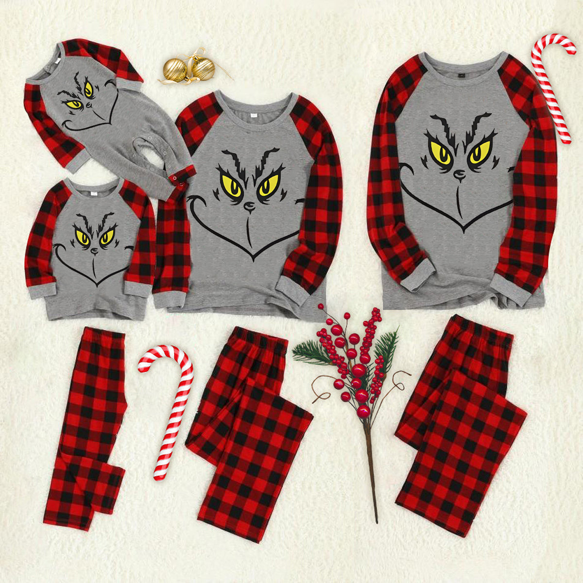 Christmas Cartoon Face Print Grey Contrast Top and Black & Red Plaid Pants Family Matching Pajamas Set With Dog Bandana