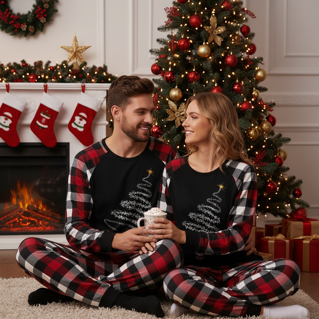 Couple Red & Black & White Plaid Pajamas Set With Pet Bandana Christmas Santa Claus Print Patterned