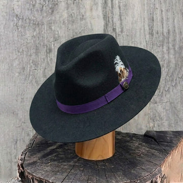 Black Flat Brim Felt Hat with Purple Band