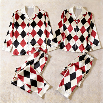 Classic Red Black & White Argyle Satin Matching Pajamas for Couples – Long Sleeve Button-Down Top & Pants Sleepwear Set