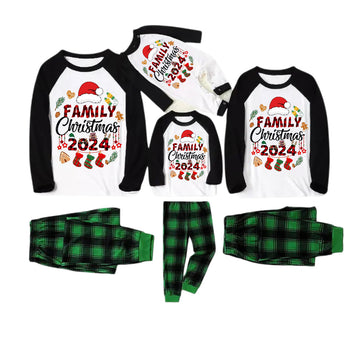 "Family Christmas 2024" and Christmas Pattern Printed Green and Black Plaid Christmas Family Pajamas