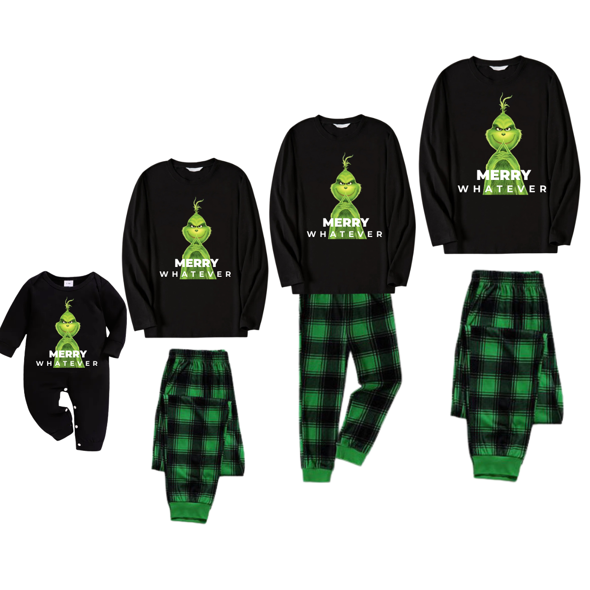 Cute Cartoon Pattern and "Merry Whatever" Slogan Printed Black Long Sleeve Top with Black And Green Plaid Pants Family Matching Pajamas