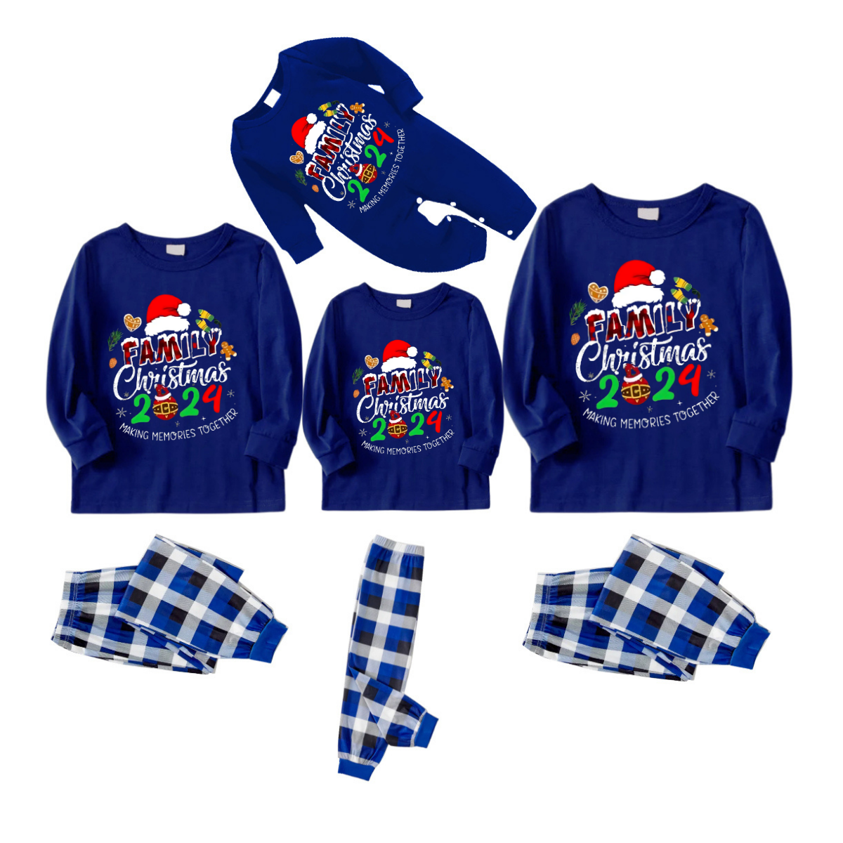 "Family Christmas 2024 Making Memories Together" Text and Santa Hat Printed Blue and White Plaid Family Matching Pajamas