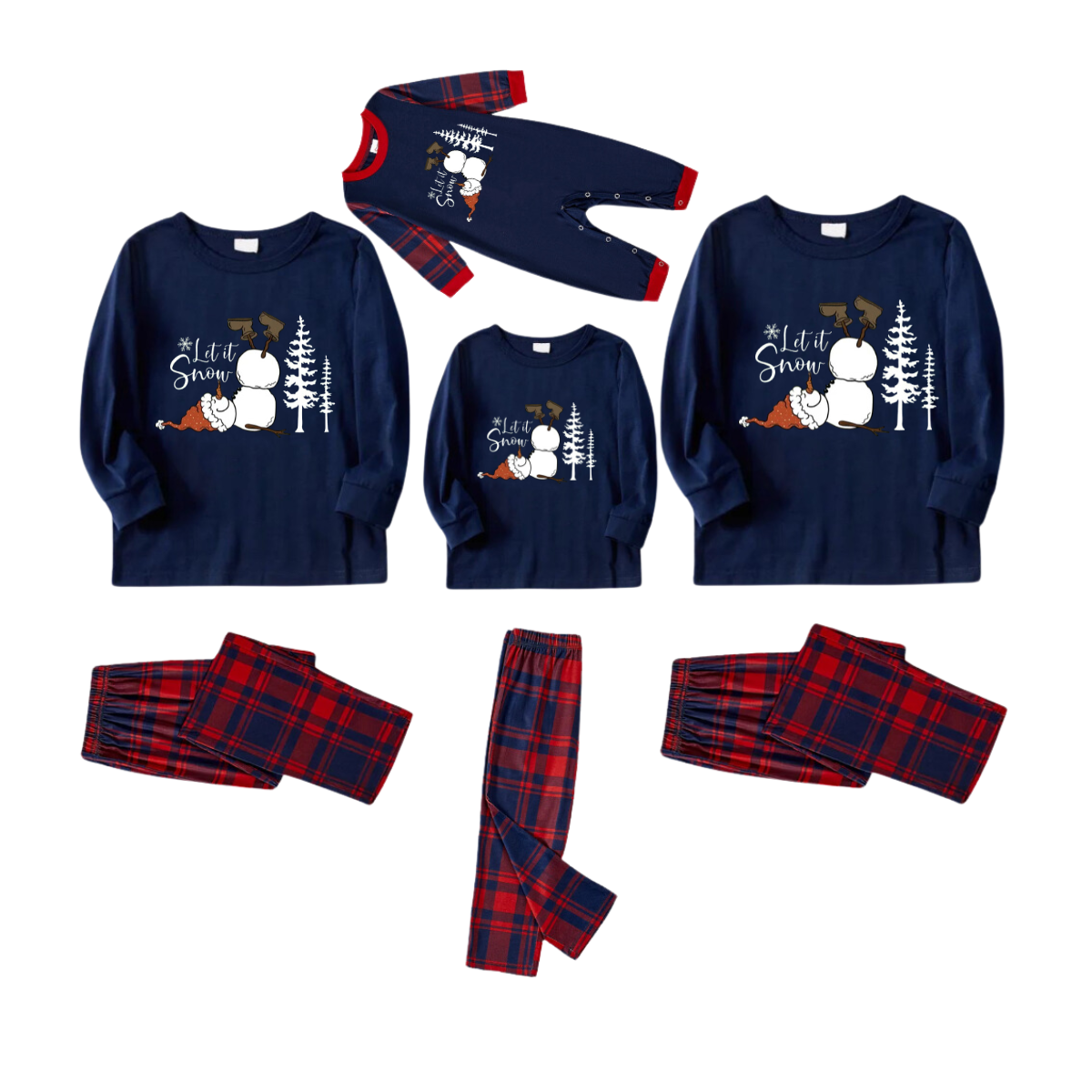 "Let it Snow" Slogan and Snowman Printed Red and Blue Plaid Christmas Matching Pajamas