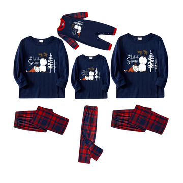 "Let it Snow" Slogan and Snowman Printed Red and Blue Plaid Christmas Matching Pajamas