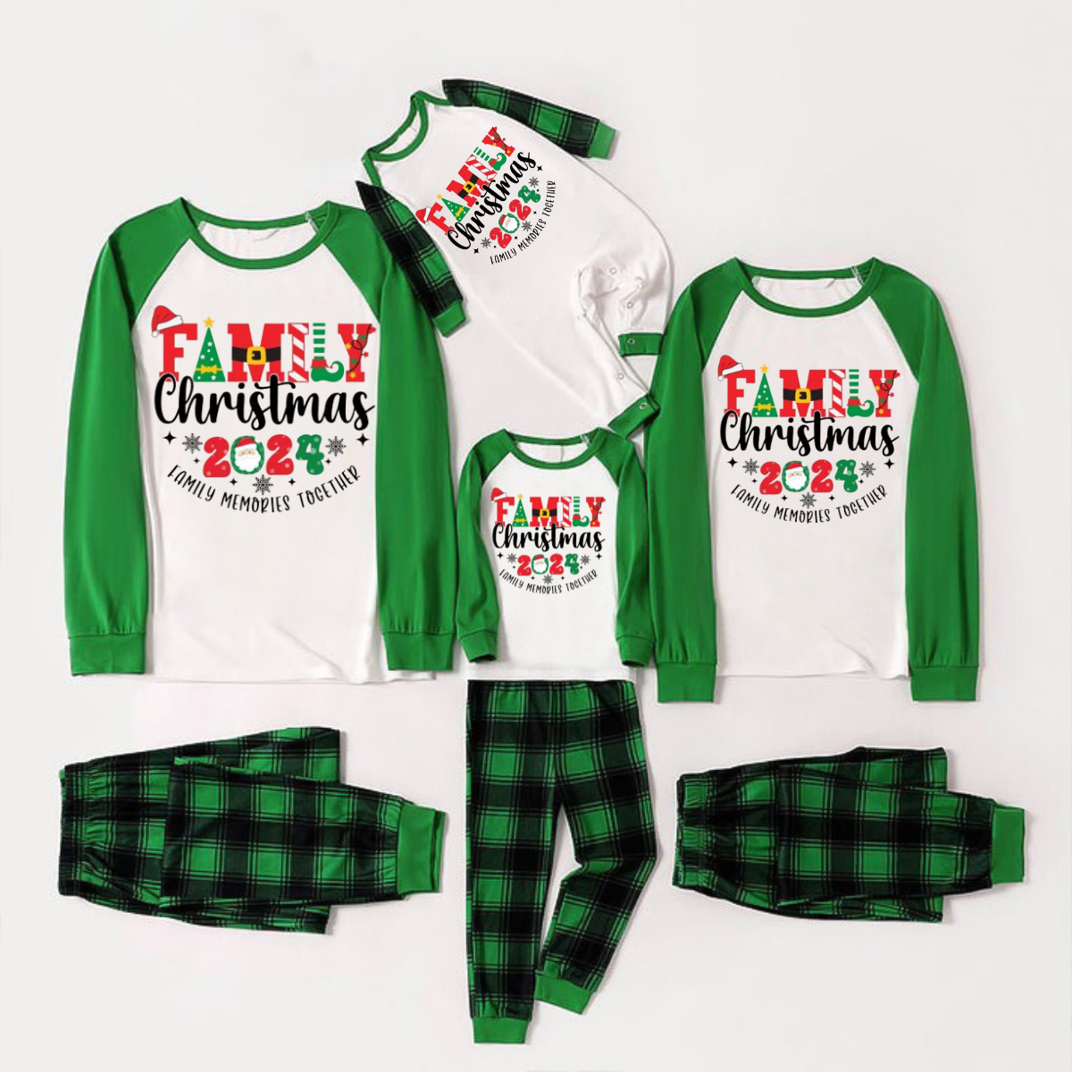 Family Christmas 2024 Family Memories Together Print Long Sleeve Top With Green & Black Plaid Christmas Family Matching Pajamas