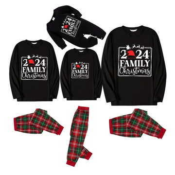 "2024 Family Christmas" Text and Reindeer Printed Red and Green Plaid Family Matching Pajamas