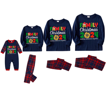 "Family Christmas 2024" Cute Text and Santa Hat Prints Blue Long Sleeves Top with Red and Blue Plaid Pants Christmas Matching Pajamas